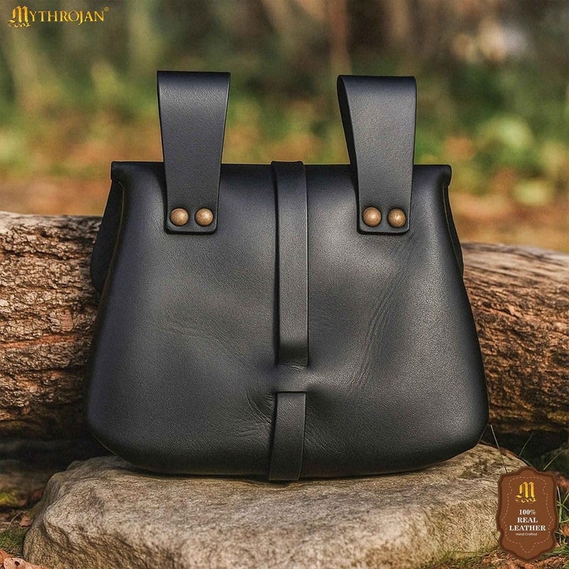 Mythrojan Medieval Leather Belt Pouch Vintage Waist Bag for LARP, Renaissance Fairs, Costumes, Cellphone Holder, Travel Wallet, Fanny Pack, Holster Purse Durable & Stylish Pouch - Black, 6.2â€ x 7â€ - Image 5